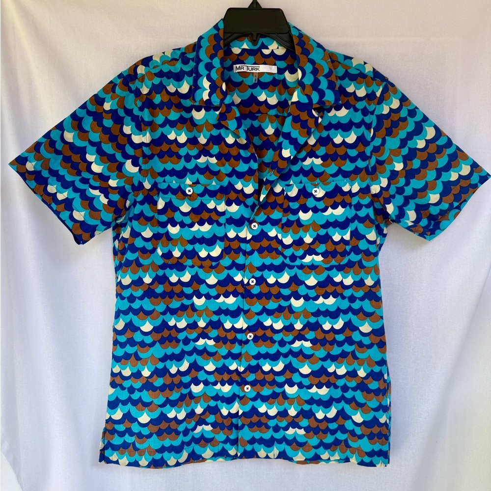 Vibrant Vintage Mr. Turk Blue Patterned Men's Shirt Slim Fit Size L